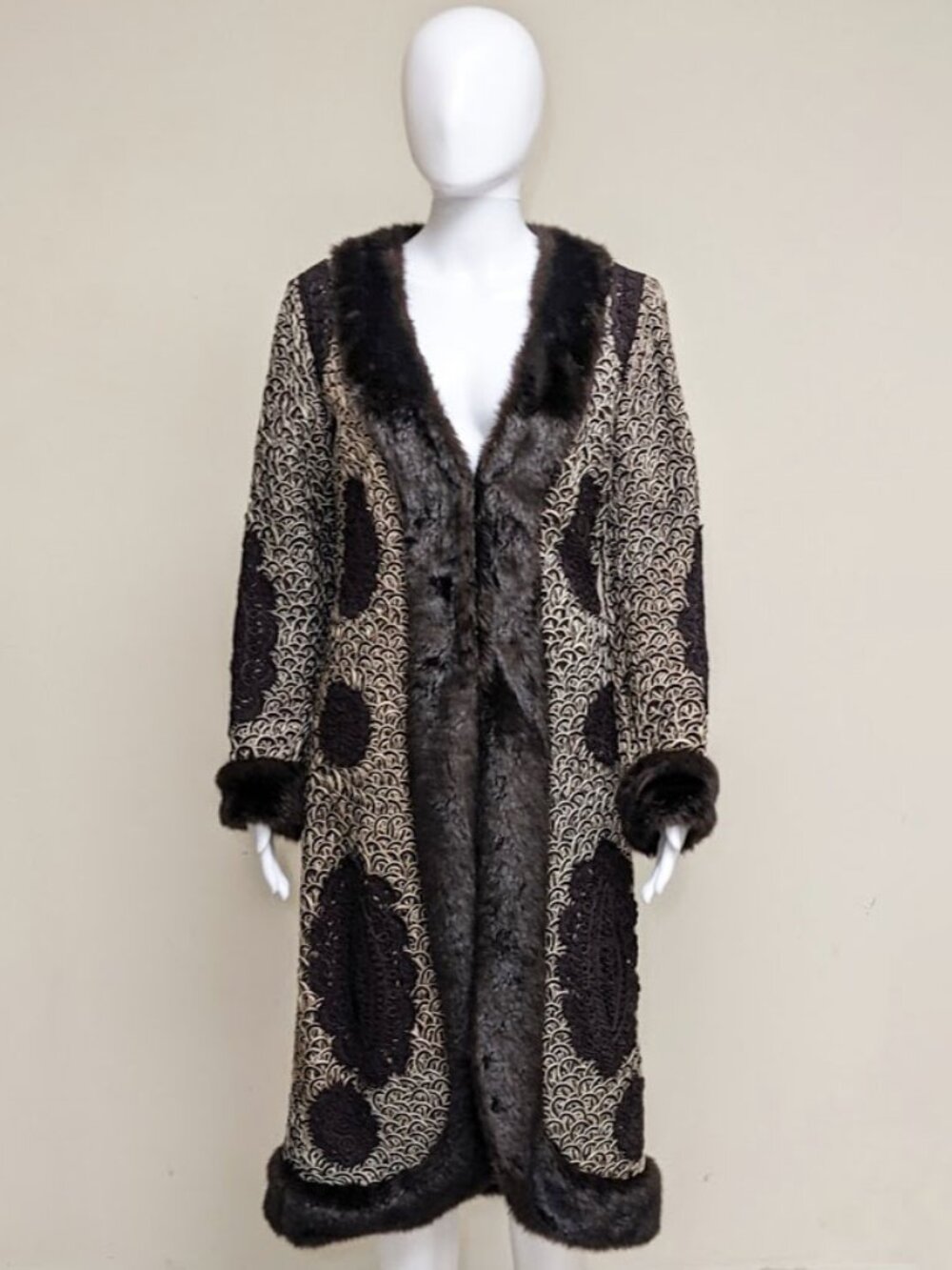 SUE WONG NOCTURNE Vintage Faux Fur Crochet & Lace Coat/Duster 1920s Style